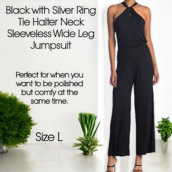 Pants - Black with Silver Ring Tie Neck Sleeveless Halter Wide Leg Jumpsuit